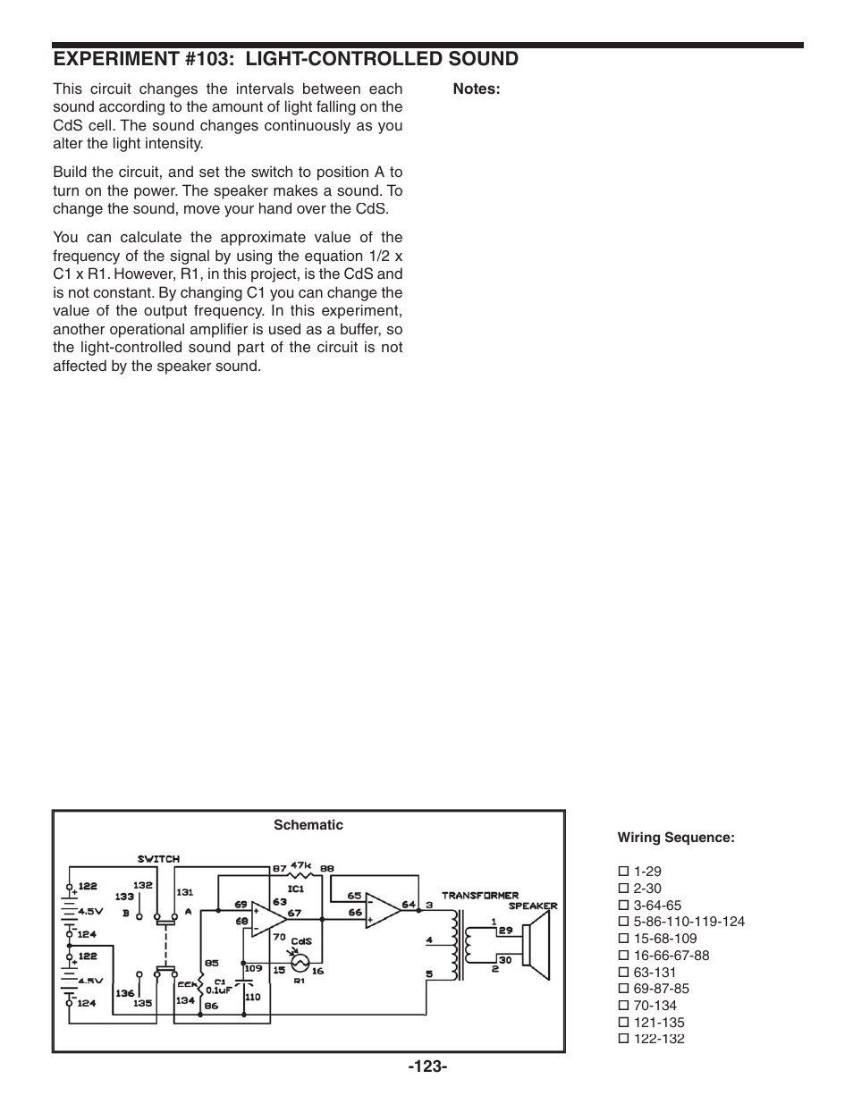Experiment #103: light-controlled sound | Elenco 130-in-1 Electronics Playground User Manual | Page 123 / 160