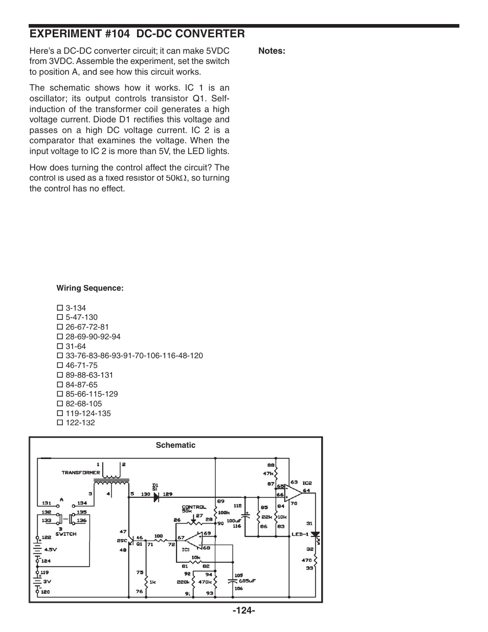 Experiment #104 dc-dc converter | Elenco 130-in-1 Electronics Playground User Manual | Page 124 / 160