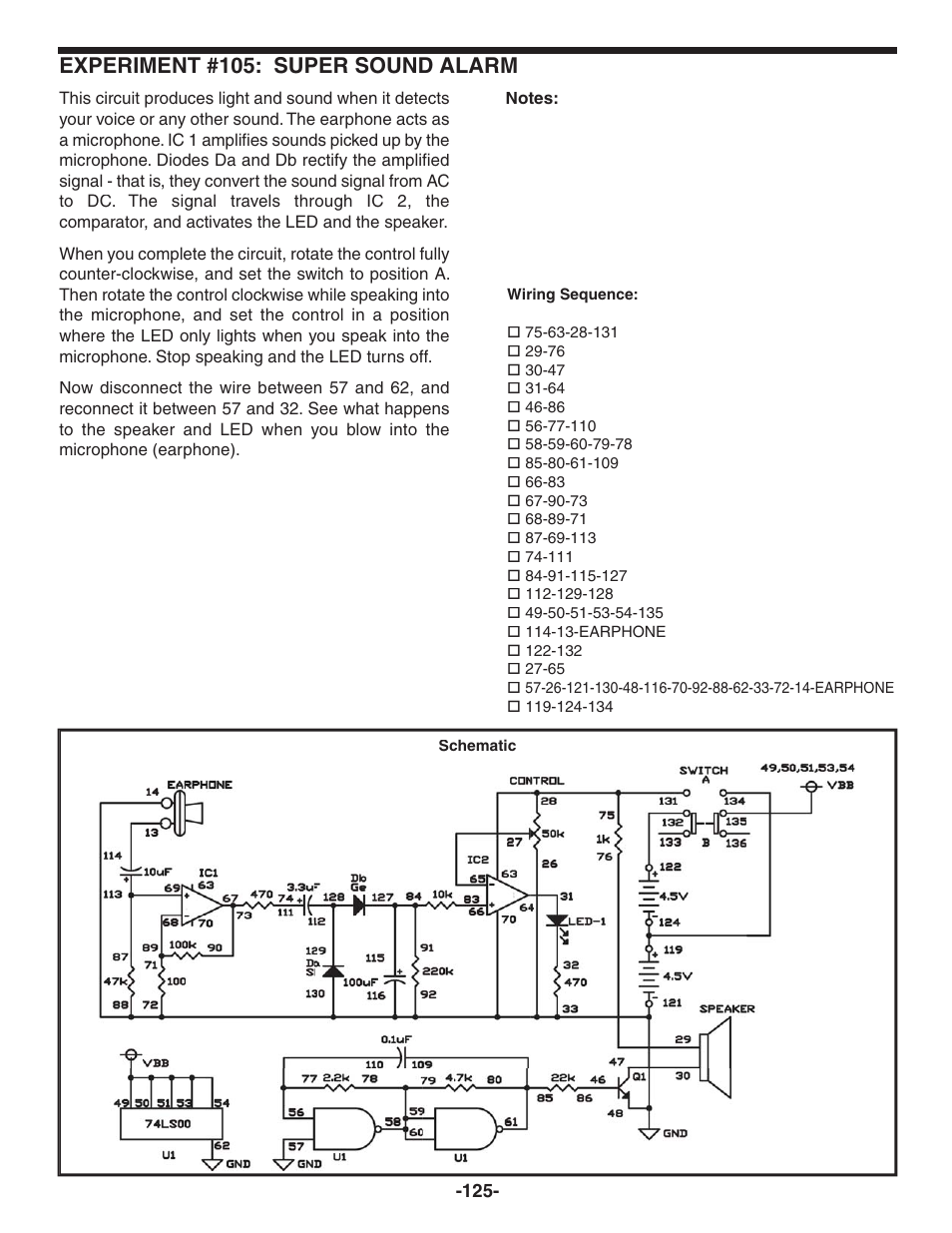 Experiment #105: super sound alarm | Elenco 130-in-1 Electronics Playground User Manual | Page 125 / 160