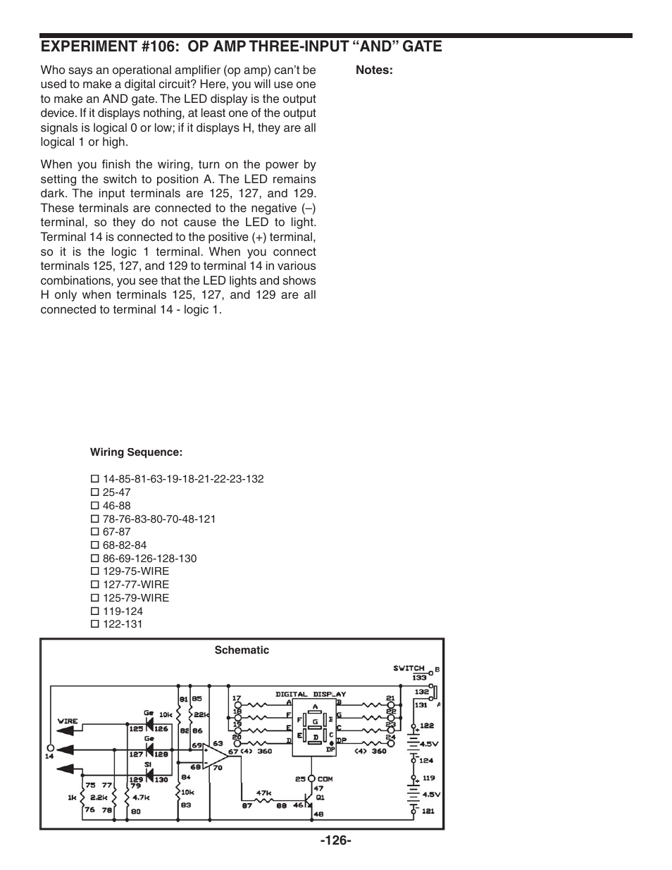 Experiment #106: op amp three-input “and” gate | Elenco 130-in-1 Electronics Playground User Manual | Page 126 / 160