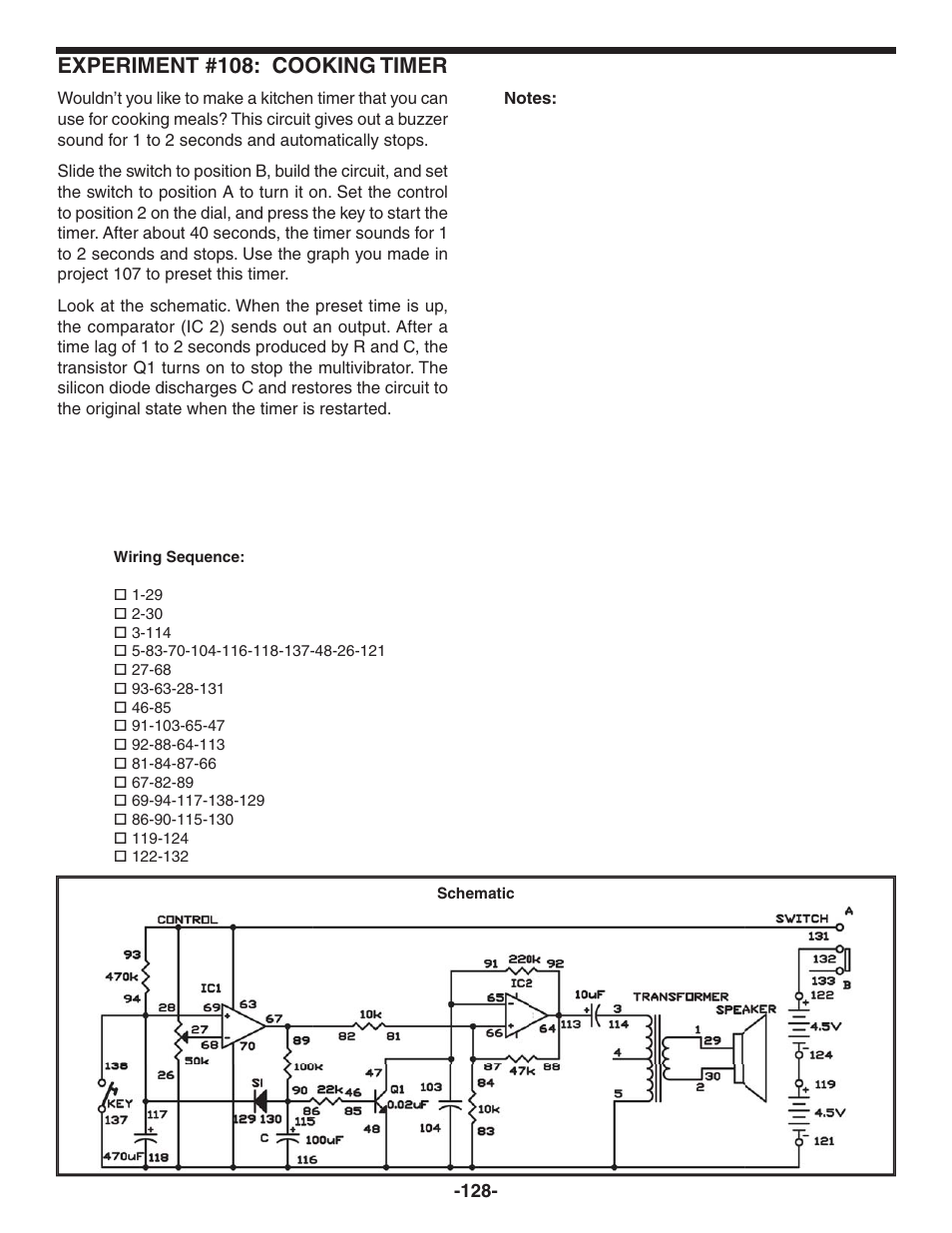 Experiment #108: cooking timer | Elenco 130-in-1 Electronics Playground User Manual | Page 128 / 160