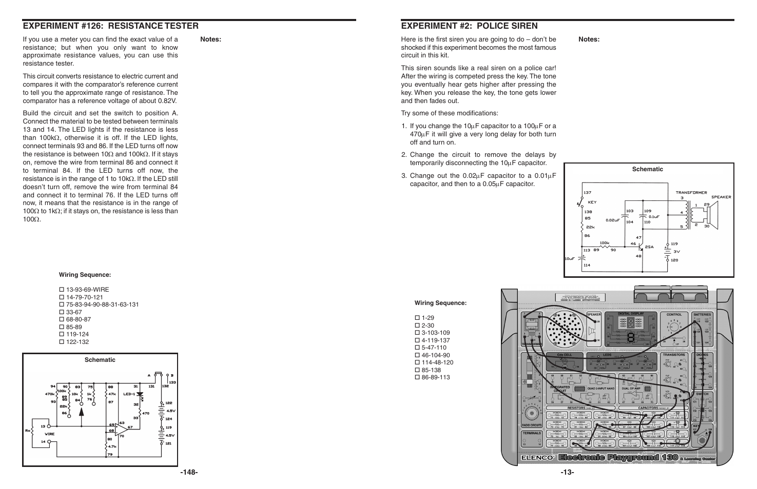 Experiment #2: police siren, Experiment #126: resistance tester | Elenco 130-in-1 Electronics Playground User Manual | Page 13 / 160