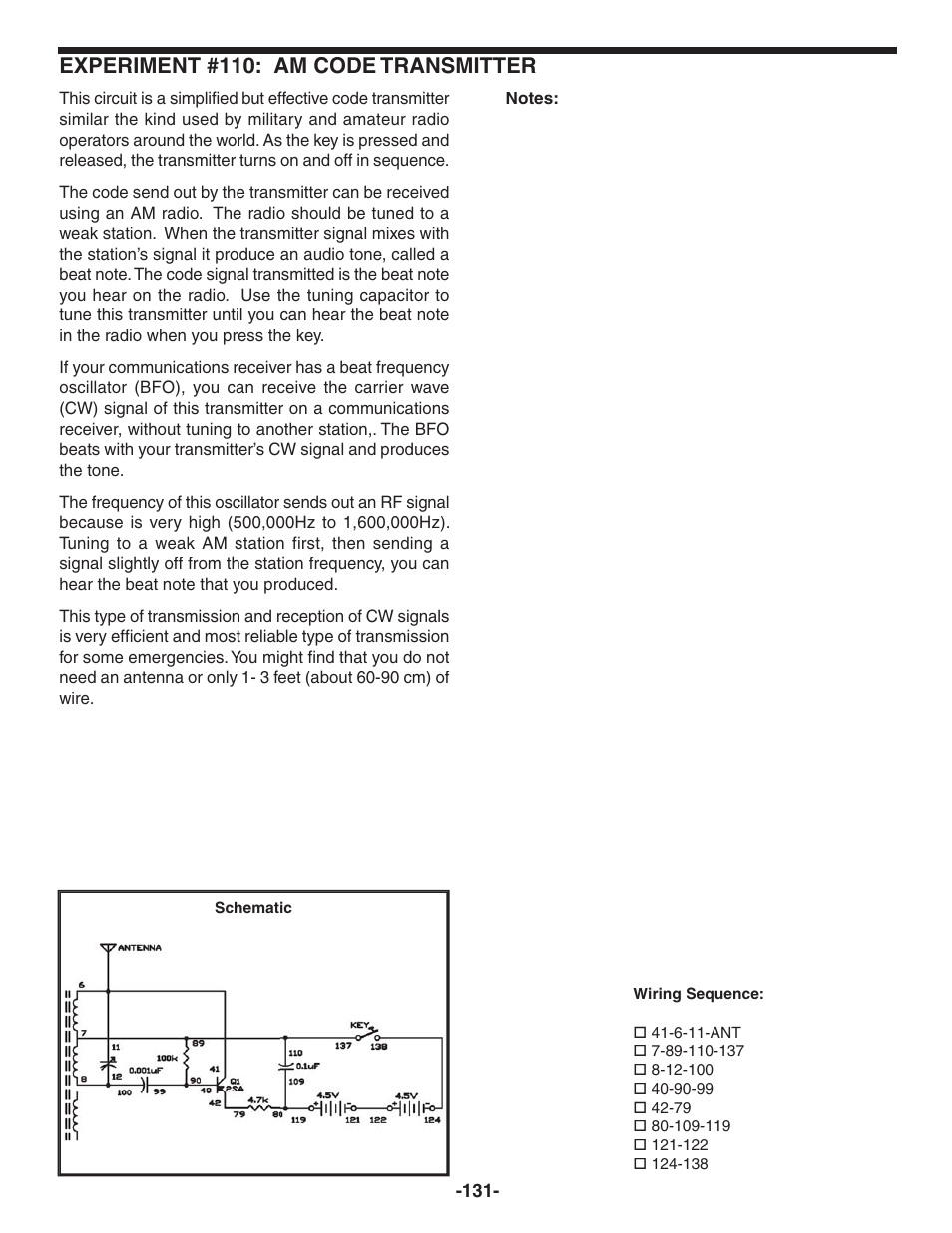 Experiment #110: am code transmitter | Elenco 130-in-1 Electronics Playground User Manual | Page 131 / 160