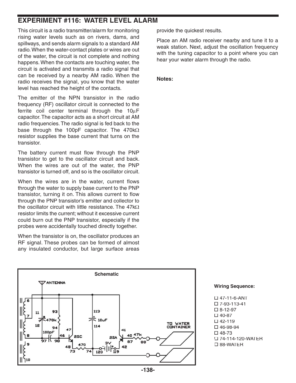 Experiment #116: water level alarm | Elenco 130-in-1 Electronics Playground User Manual | Page 138 / 160