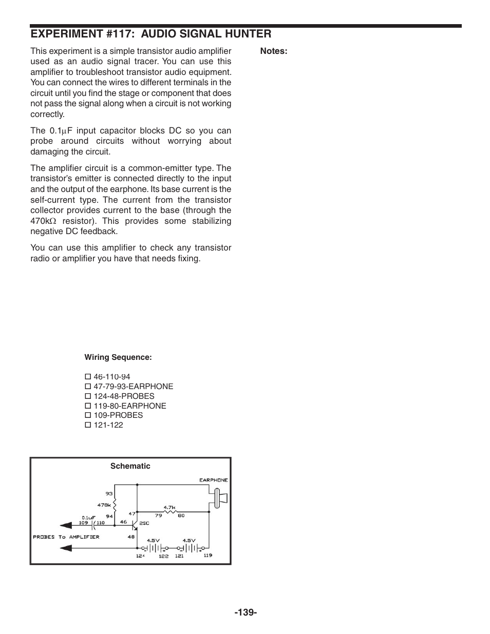 Experiment #117: audio signal hunter | Elenco 130-in-1 Electronics Playground User Manual | Page 139 / 160