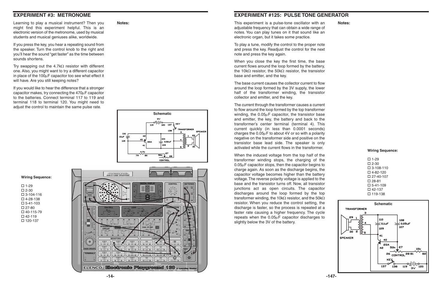 Experiment #3: metronome, Experiment #125: pulse tone generator | Elenco 130-in-1 Electronics Playground User Manual | Page 14 / 160