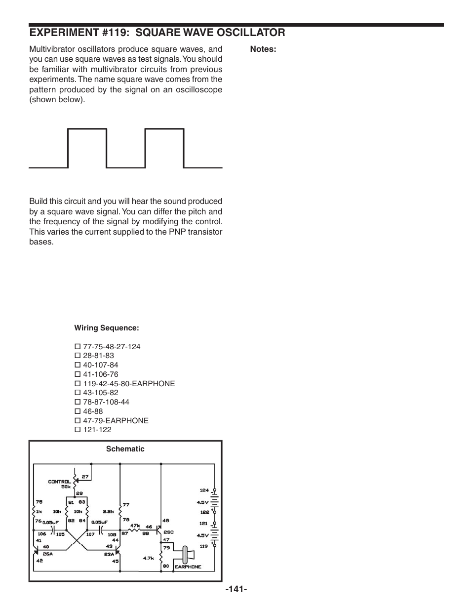Experiment #119: square wave oscillator | Elenco 130-in-1 Electronics Playground User Manual | Page 141 / 160