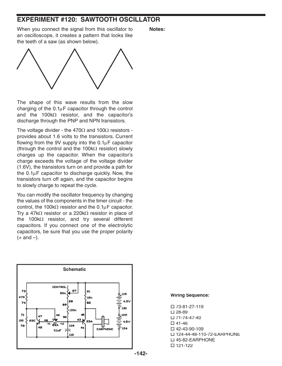 Experiment #120: sawtooth oscillator | Elenco 130-in-1 Electronics Playground User Manual | Page 142 / 160