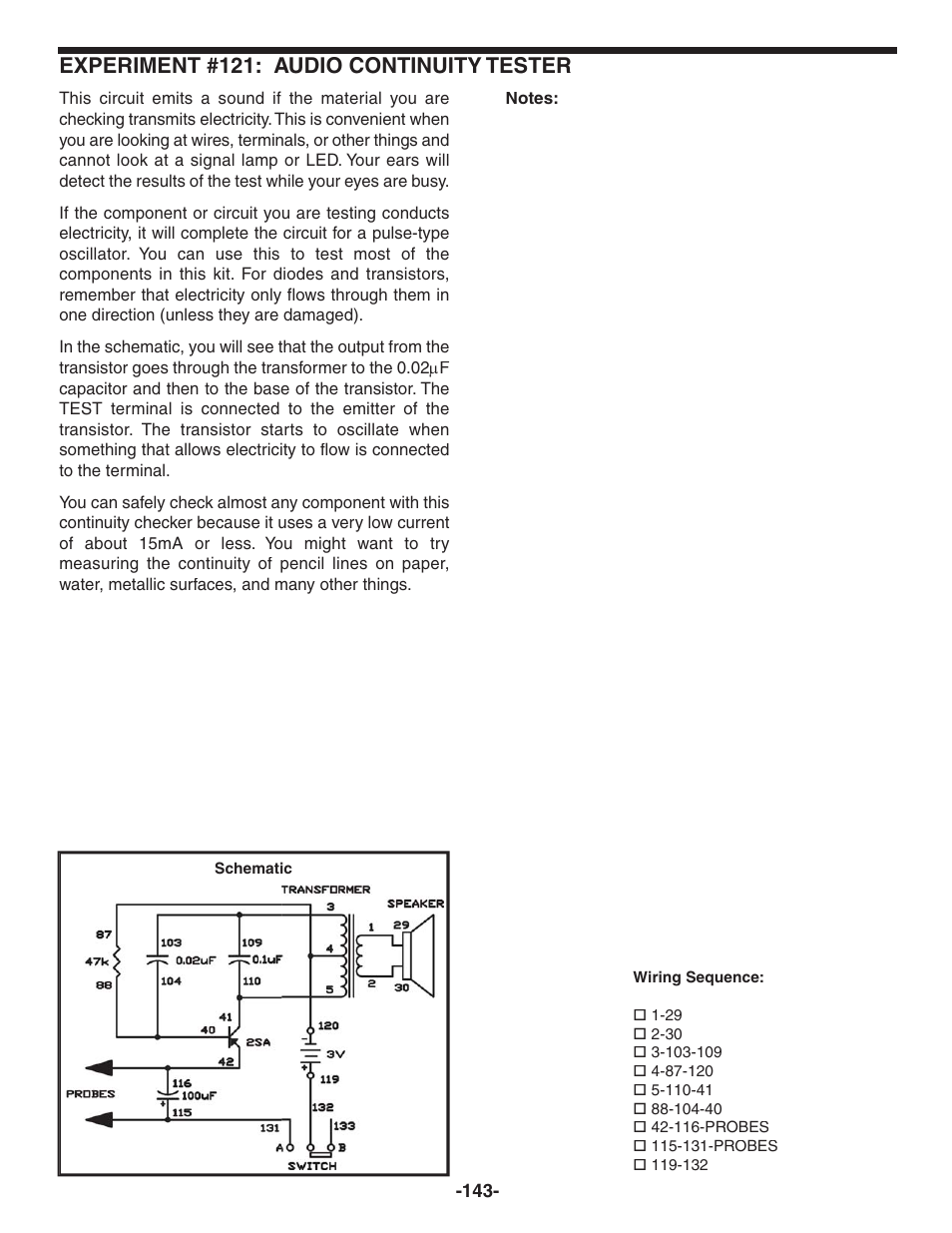 Experiment #121: audio continuity tester | Elenco 130-in-1 Electronics Playground User Manual | Page 143 / 160