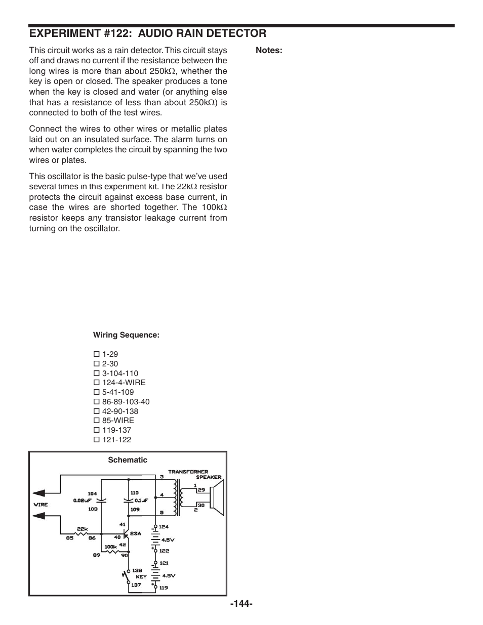 Experiment #122: audio rain detector | Elenco 130-in-1 Electronics Playground User Manual | Page 144 / 160