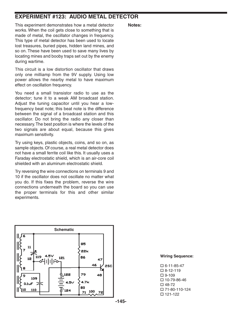 Experiment #123: audio metal detector | Elenco 130-in-1 Electronics Playground User Manual | Page 145 / 160