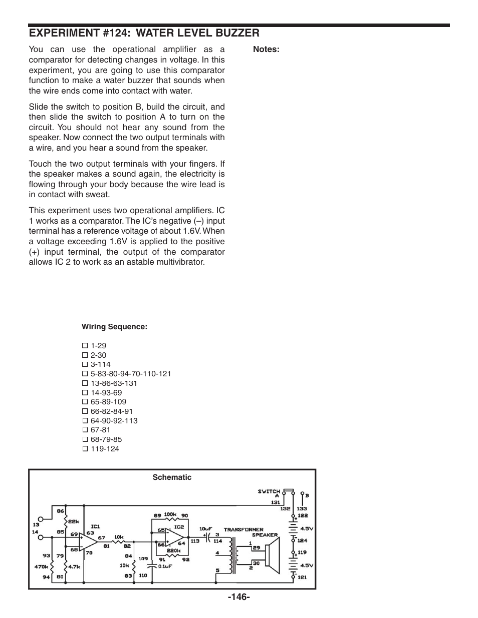 Experiment #124: water level buzzer | Elenco 130-in-1 Electronics Playground User Manual | Page 146 / 160