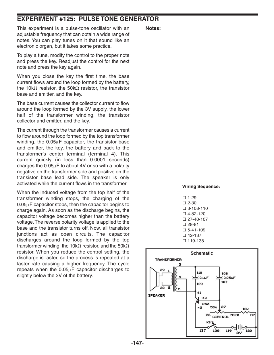Experiment #125: pulse tone generator | Elenco 130-in-1 Electronics Playground User Manual | Page 147 / 160