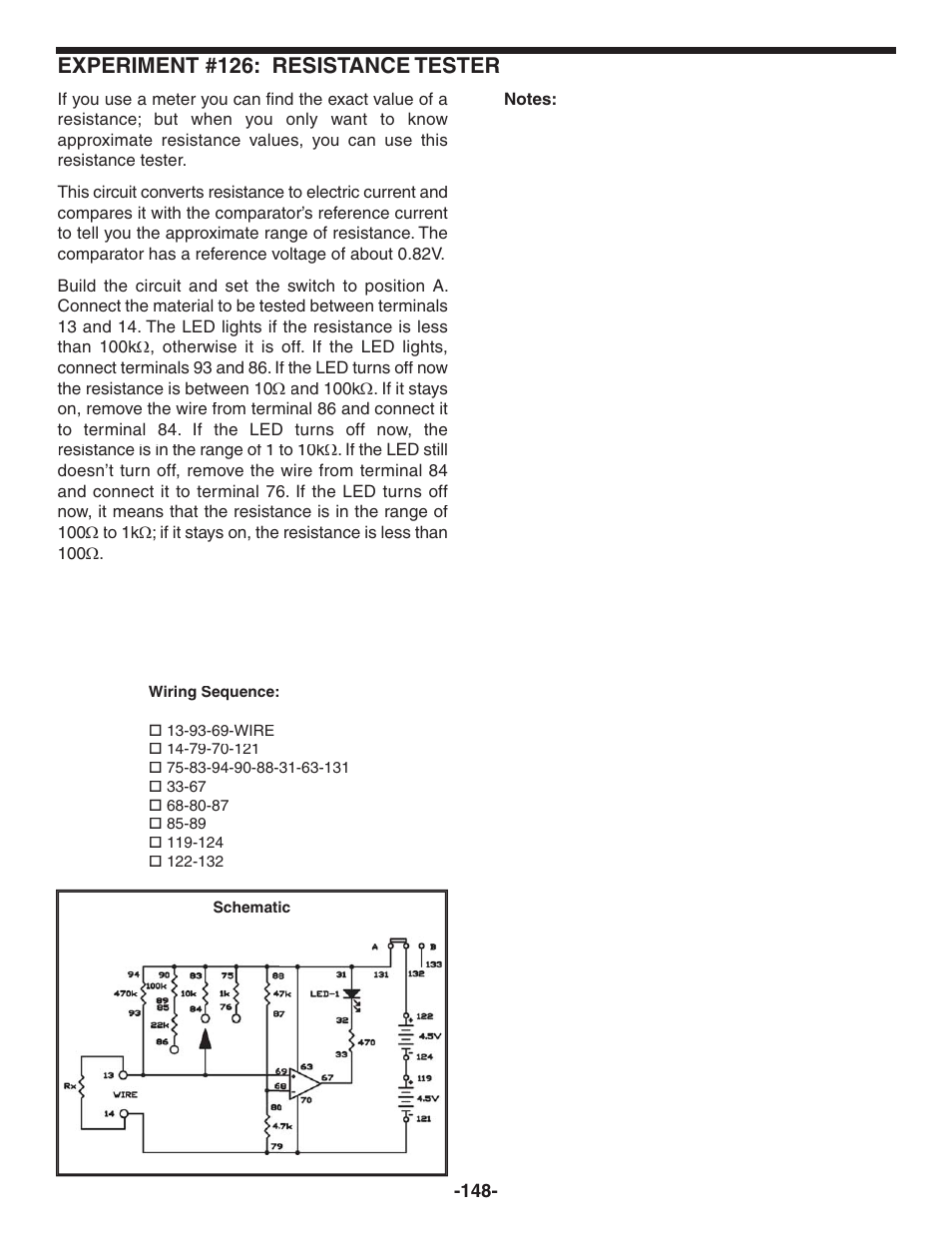 Experiment #126: resistance tester | Elenco 130-in-1 Electronics Playground User Manual | Page 148 / 160