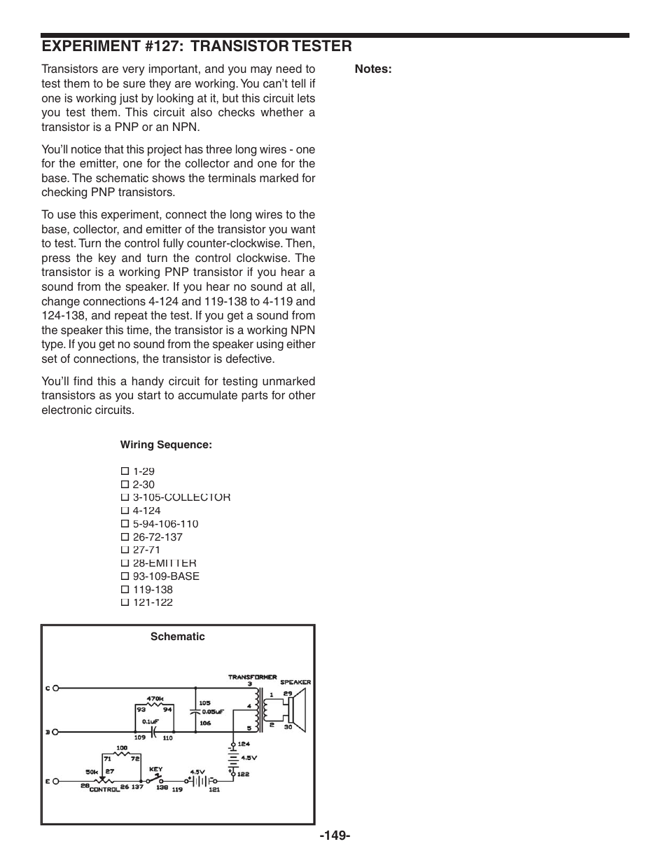 Experiment #127: transistor tester | Elenco 130-in-1 Electronics Playground User Manual | Page 149 / 160