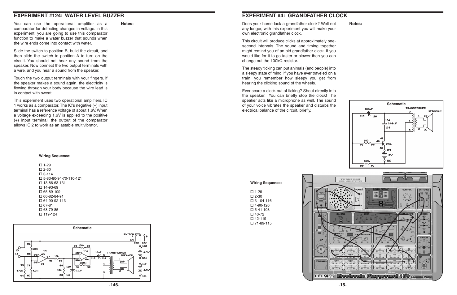 Experiment #4: grandfather clock, Experiment #124: water level buzzer | Elenco 130-in-1 Electronics Playground User Manual | Page 15 / 160