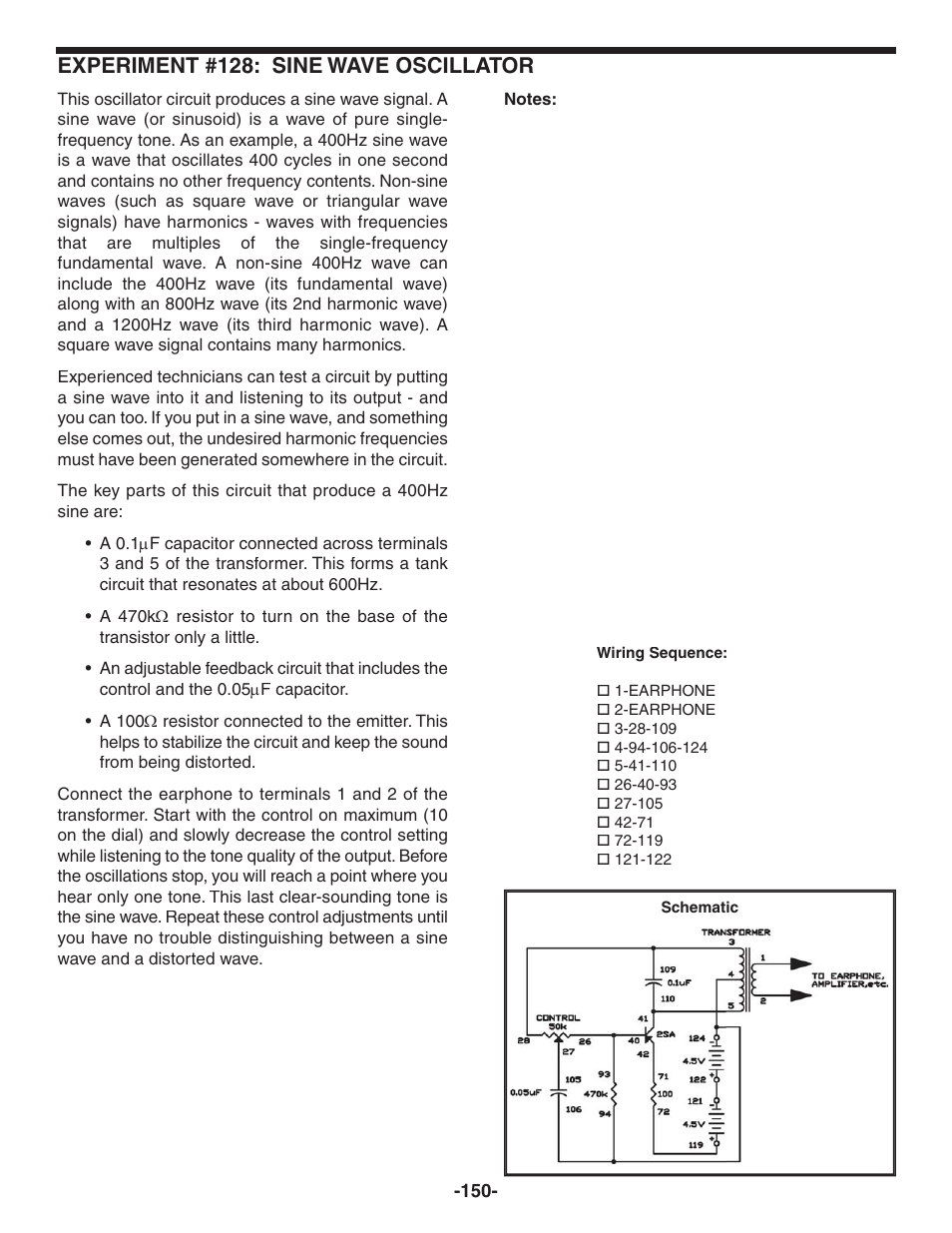 Experiment #128: sine wave oscillator | Elenco 130-in-1 Electronics Playground User Manual | Page 150 / 160