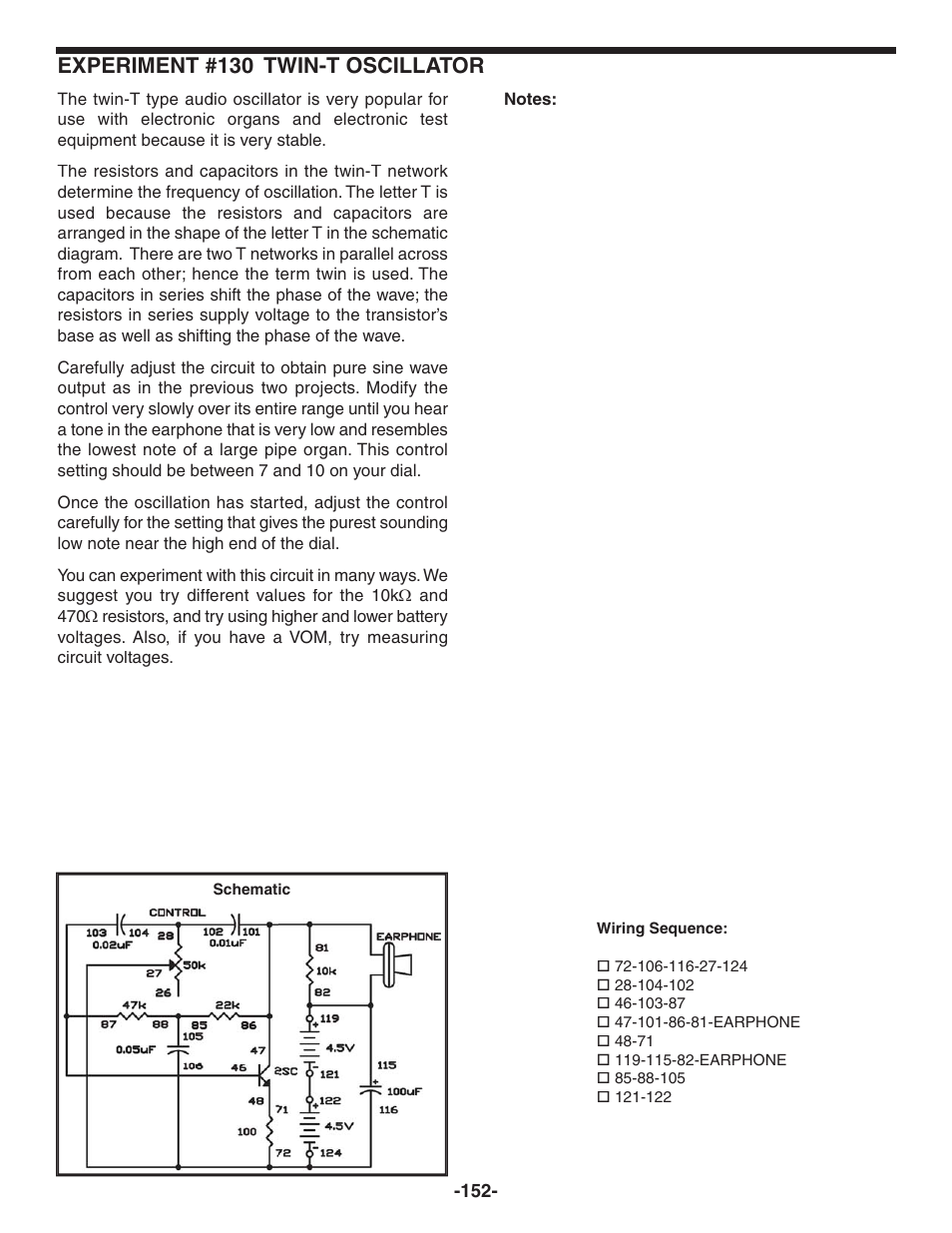 Experiment #130 twin-t oscillator | Elenco 130-in-1 Electronics Playground User Manual | Page 152 / 160