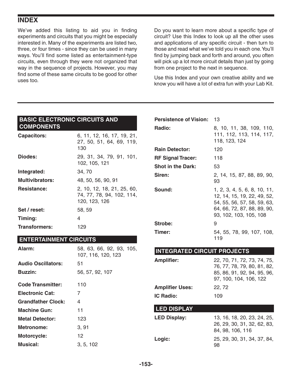 Index | Elenco 130-in-1 Electronics Playground User Manual | Page 153 / 160