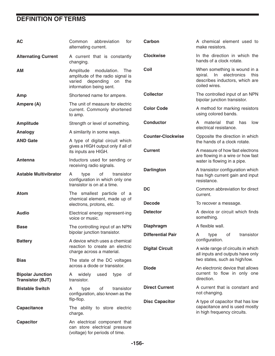 Definition of terms | Elenco 130-in-1 Electronics Playground User Manual | Page 156 / 160