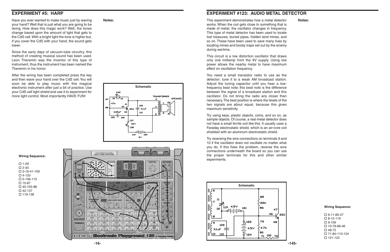 Experiment #5: harp, Experiment #123: audio metal detector | Elenco 130-in-1 Electronics Playground User Manual | Page 16 / 160