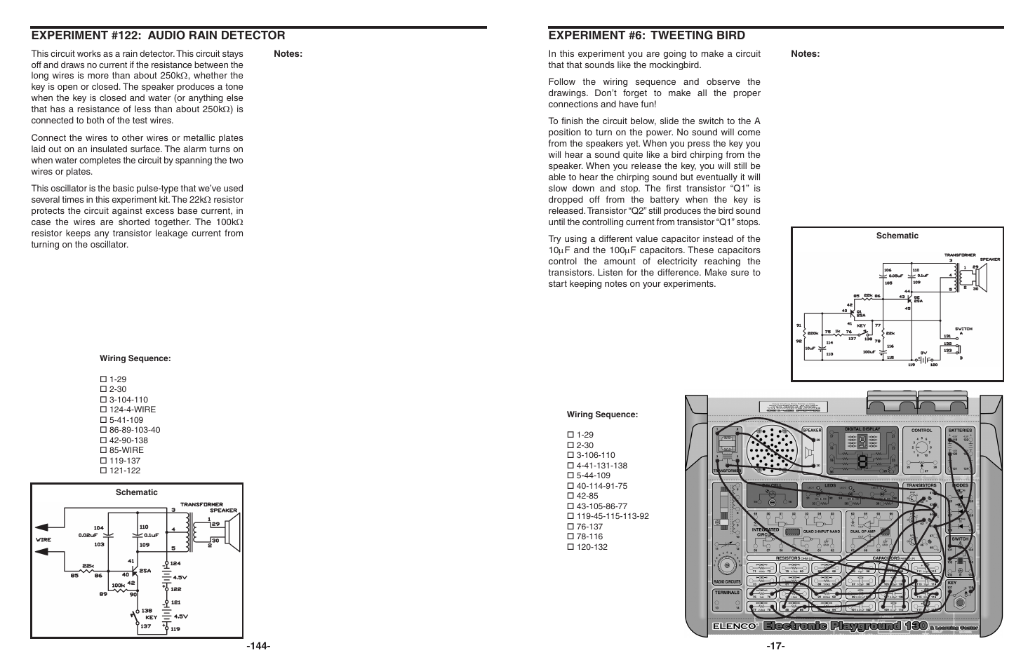 Experiment #122: audio rain detector, Experiment #6: tweeting bird | Elenco 130-in-1 Electronics Playground User Manual | Page 17 / 160