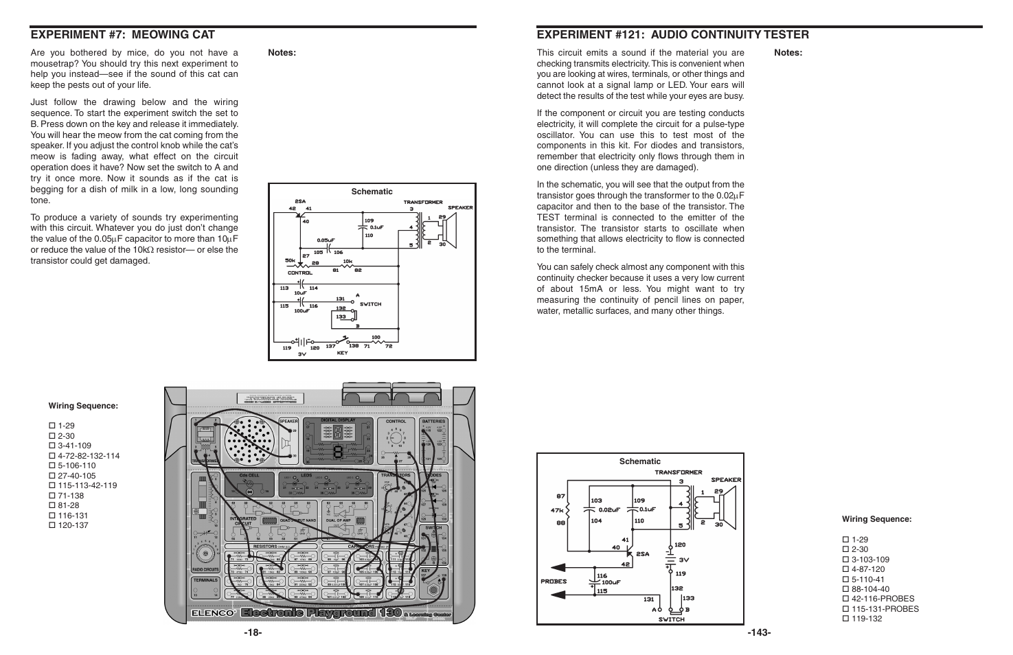 Experiment #7: meowing cat, Experiment #121: audio continuity tester | Elenco 130-in-1 Electronics Playground User Manual | Page 18 / 160