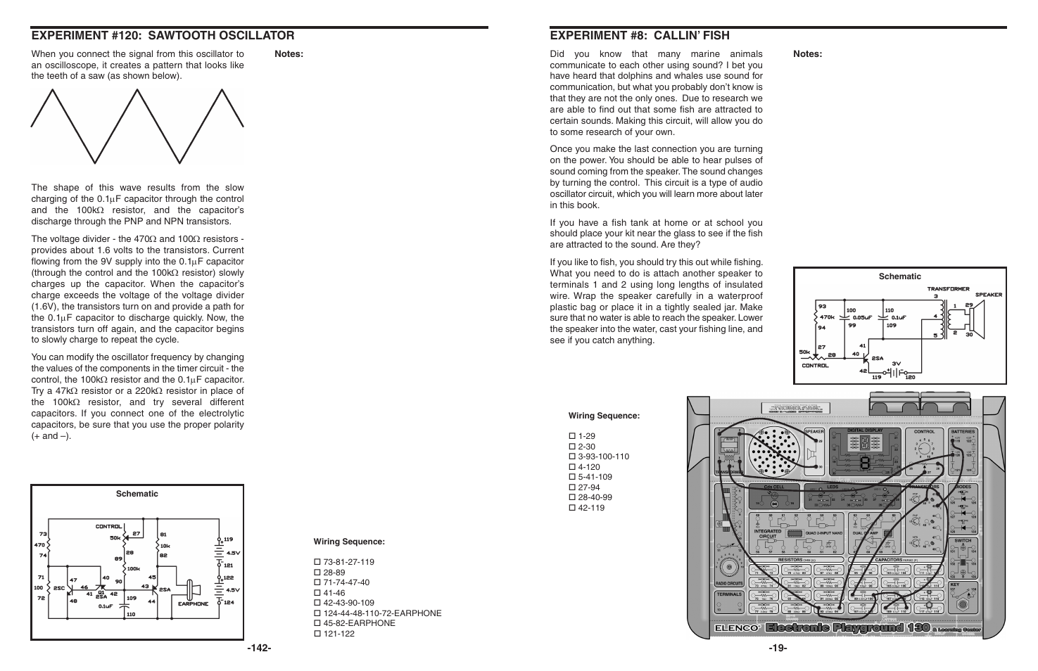 Experiment #8: callin’ fish, Experiment #120: sawtooth oscillator | Elenco 130-in-1 Electronics Playground User Manual | Page 19 / 160