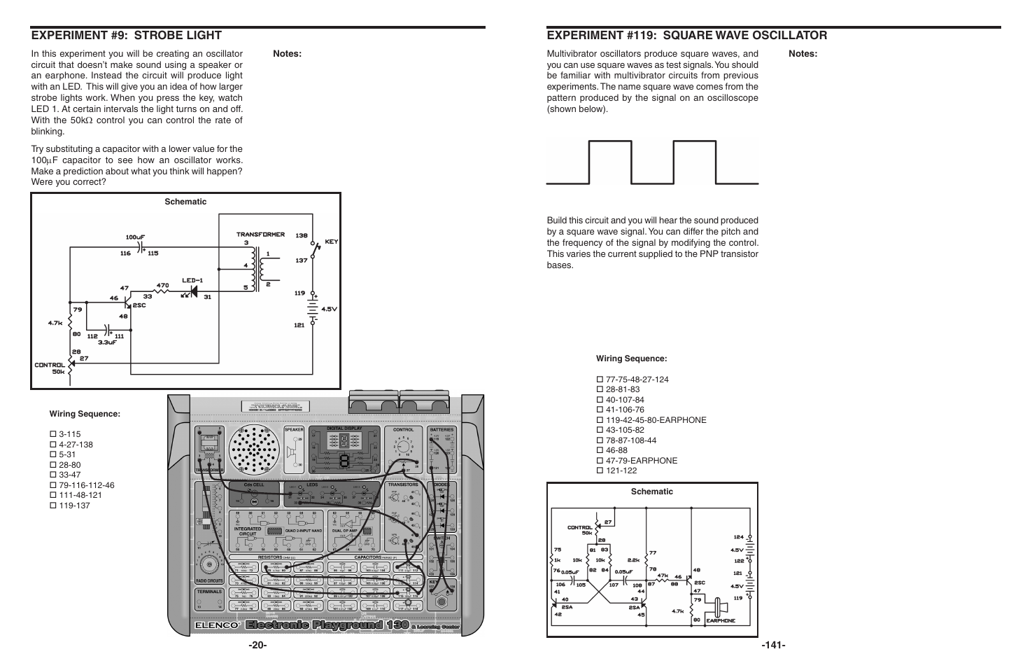 Experiment #9: strobe light, Experiment #119: square wave oscillator | Elenco 130-in-1 Electronics Playground User Manual | Page 20 / 160