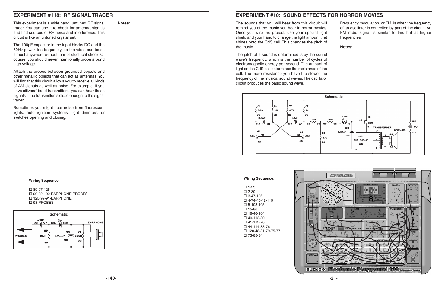 Experiment #10: sound effects for horror movies, Experiment #118: rf signal tracer | Elenco 130-in-1 Electronics Playground User Manual | Page 21 / 160