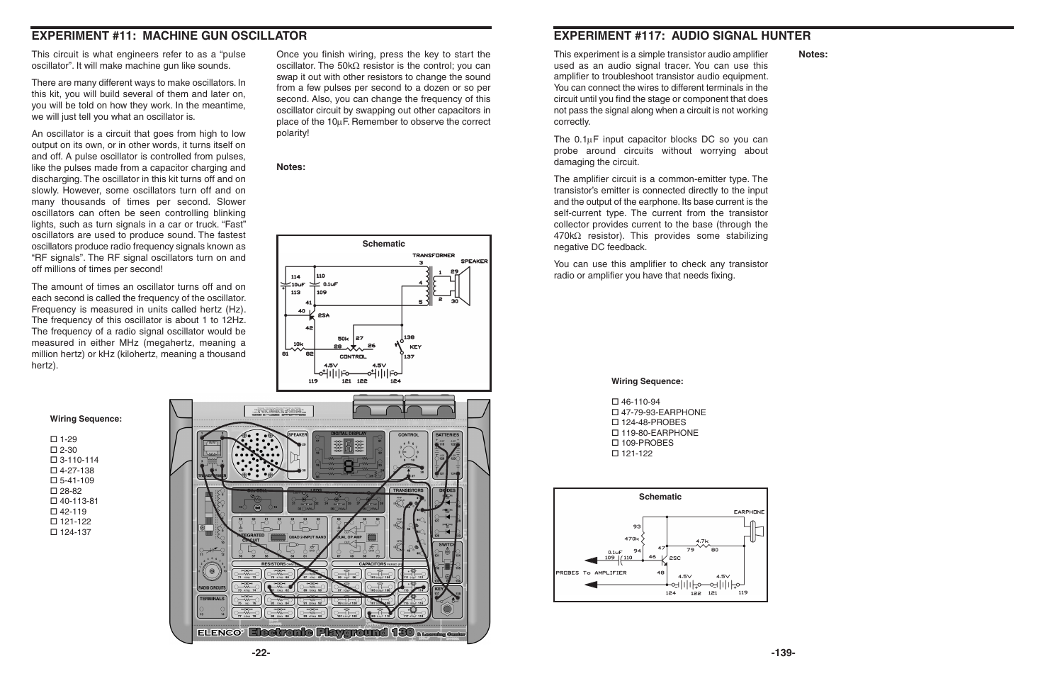Experiment #11: machine gun oscillator, Experiment #117: audio signal hunter | Elenco 130-in-1 Electronics Playground User Manual | Page 22 / 160