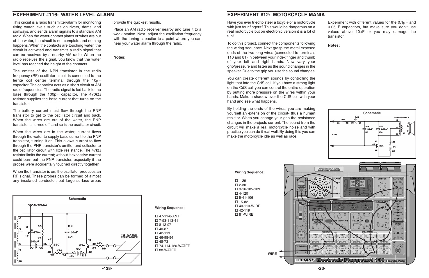 Experiment #12: motorcycle mania, Experiment #116: water level alarm | Elenco 130-in-1 Electronics Playground User Manual | Page 23 / 160