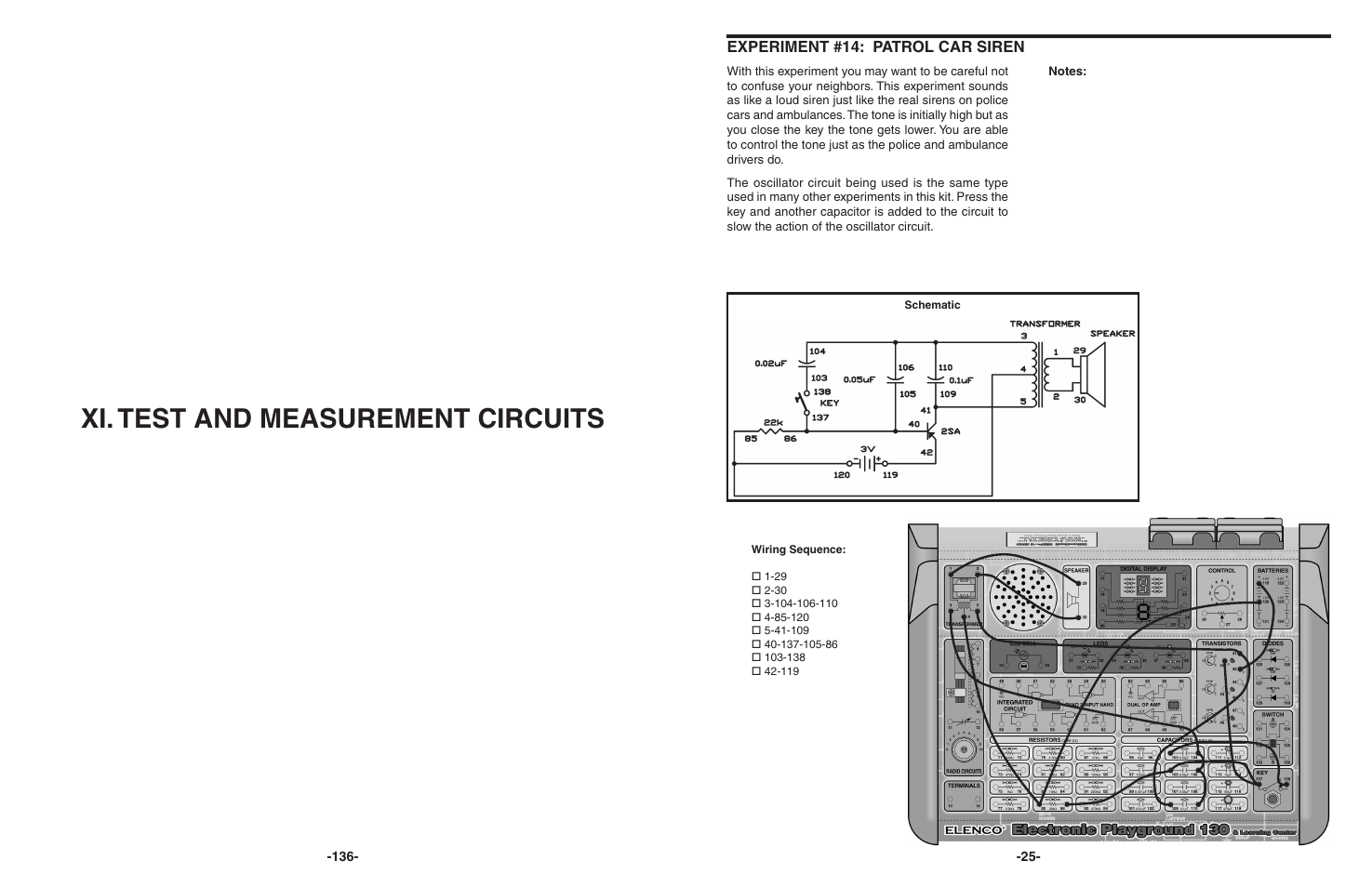 Xi. test and measurement circuits, Experiment #14: patrol car siren | Elenco 130-in-1 Electronics Playground User Manual | Page 25 / 160