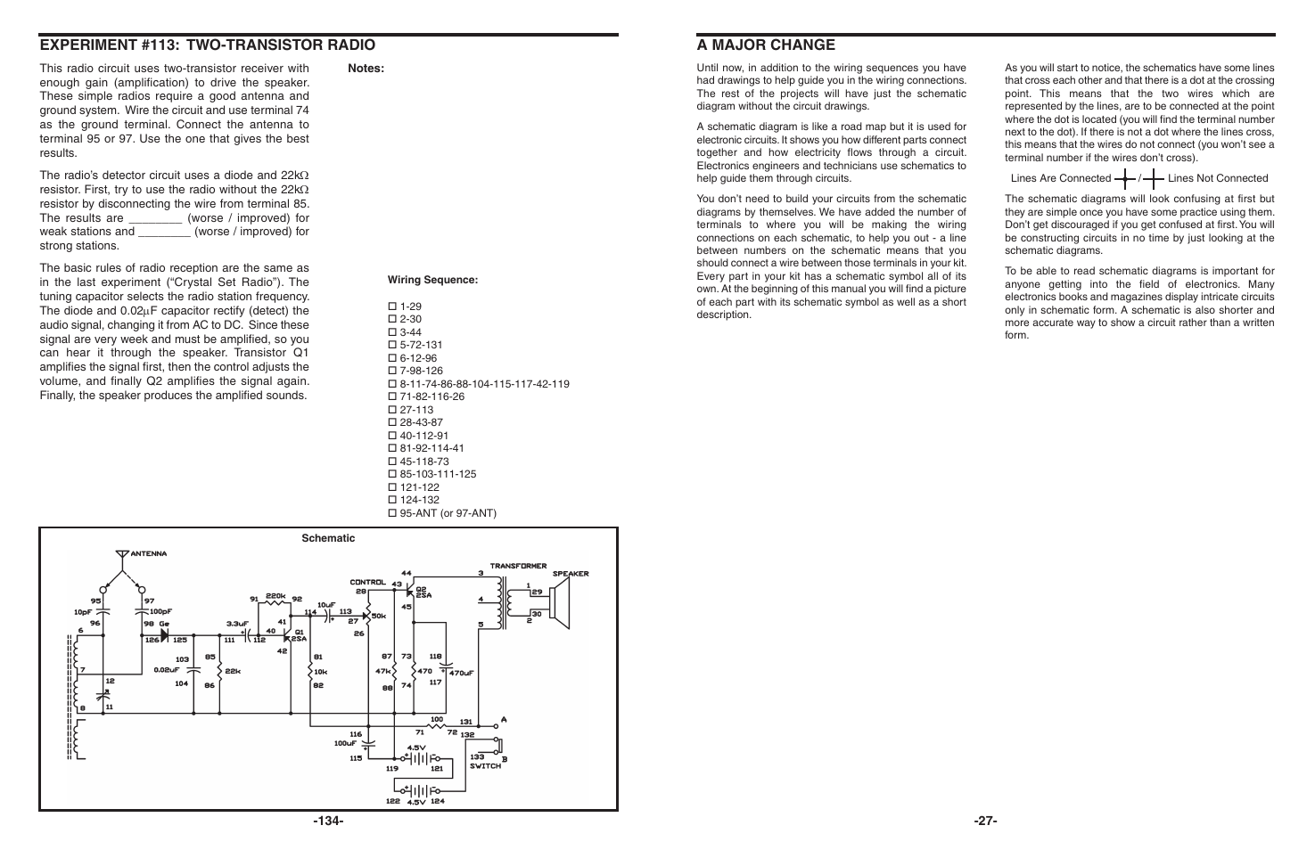 A major change, Experiment #113: two-transistor radio | Elenco 130-in-1 Electronics Playground User Manual | Page 27 / 160