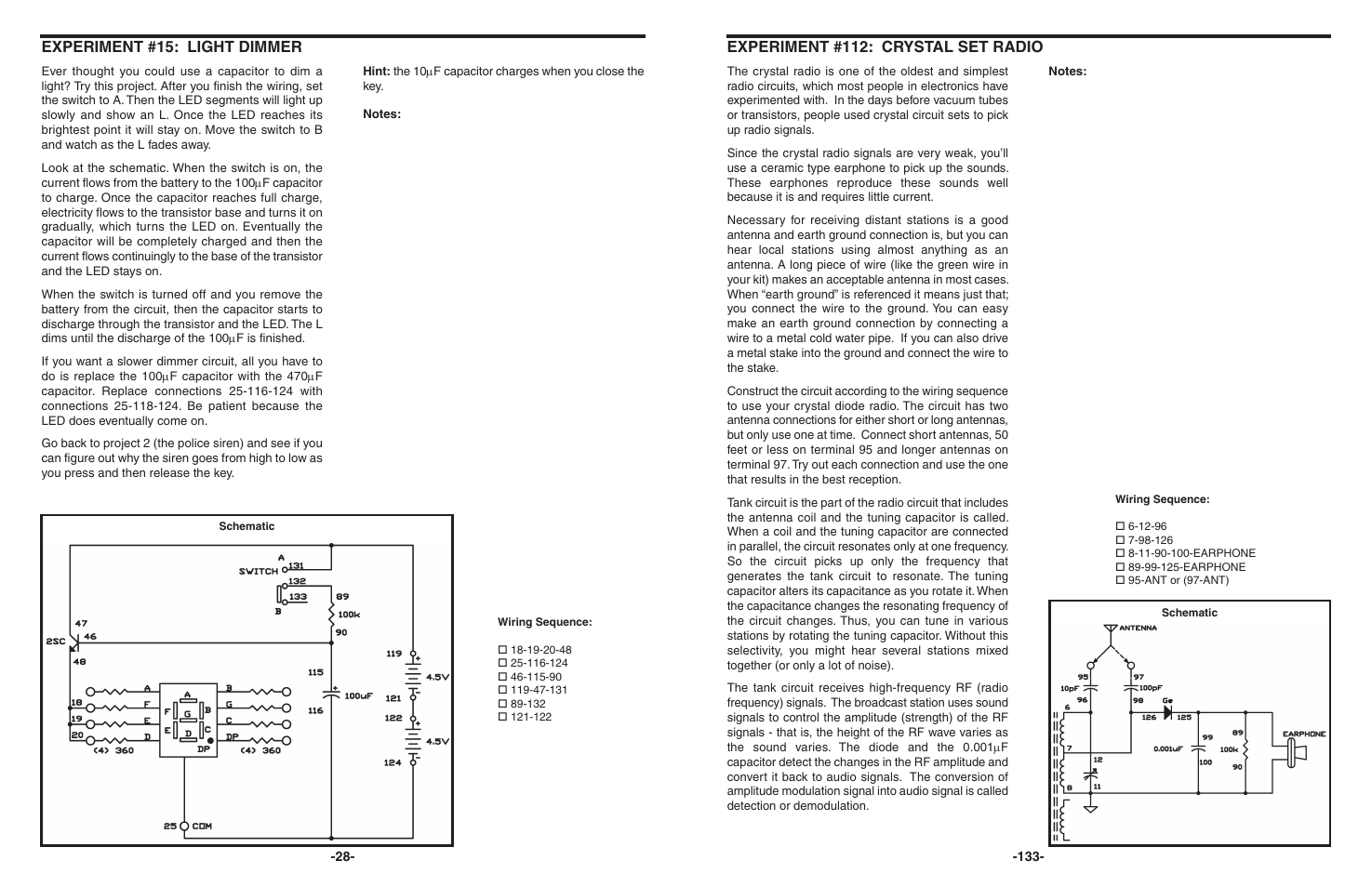 Experiment #15: light dimmer, Experiment #112: crystal set radio | Elenco 130-in-1 Electronics Playground User Manual | Page 28 / 160