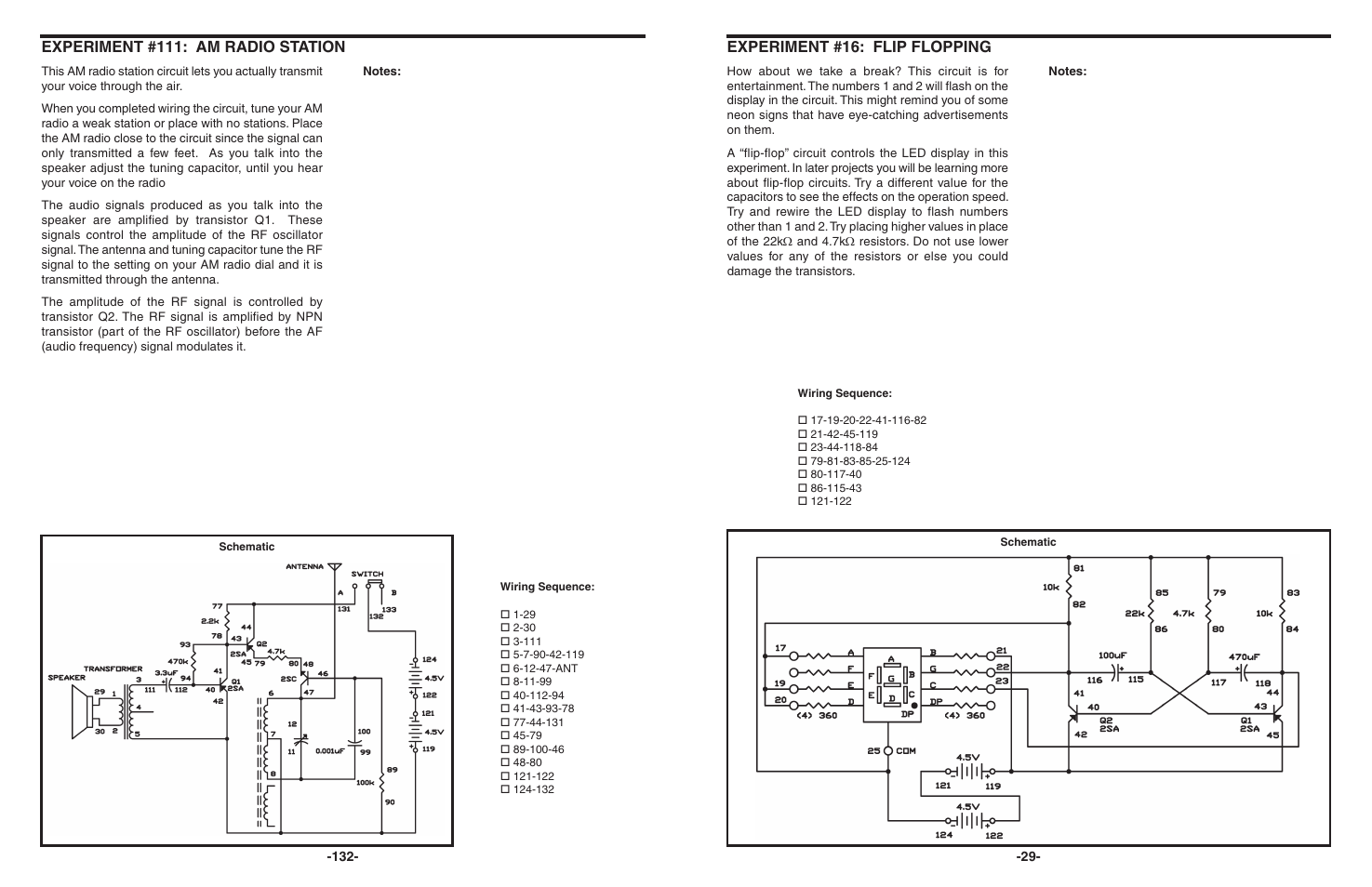 Experiment #16: flip flopping, Experiment #111: am radio station | Elenco 130-in-1 Electronics Playground User Manual | Page 29 / 160