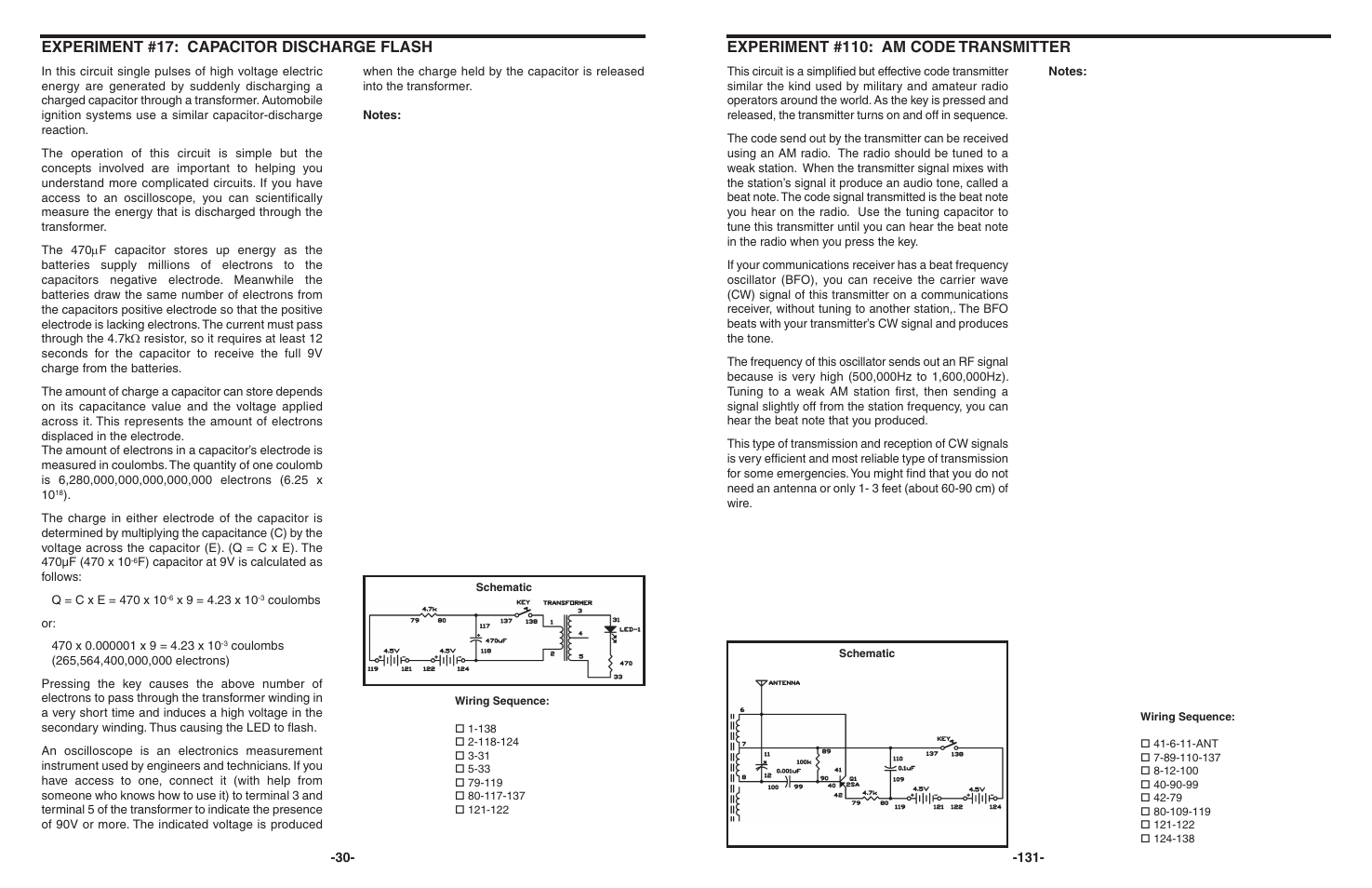 Experiment #17: capacitor discharge flash, Experiment #110: am code transmitter | Elenco 130-in-1 Electronics Playground User Manual | Page 30 / 160