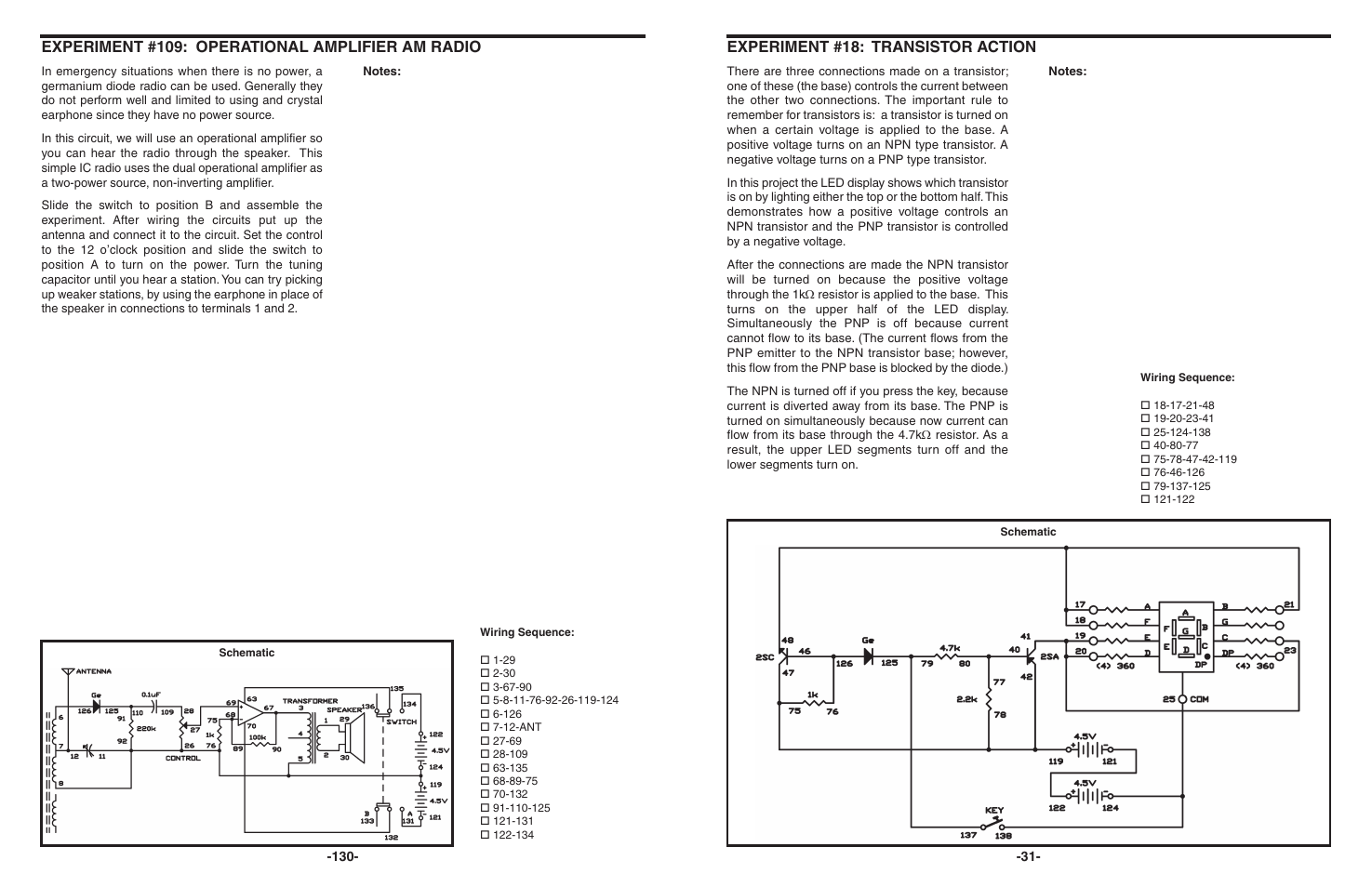 Experiment #18: transistor action, Experiment #109: operational amplifier am radio | Elenco 130-in-1 Electronics Playground User Manual | Page 31 / 160