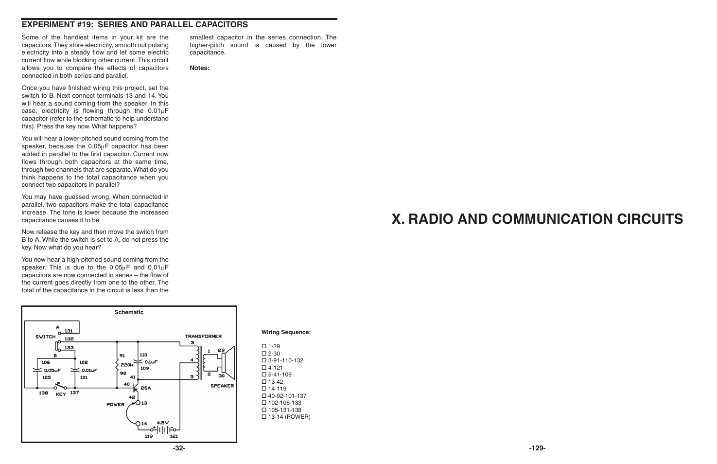 X. radio and communication circuits, Experiment #19: series and parallel capacitors | Elenco 130-in-1 Electronics Playground User Manual | Page 32 / 160