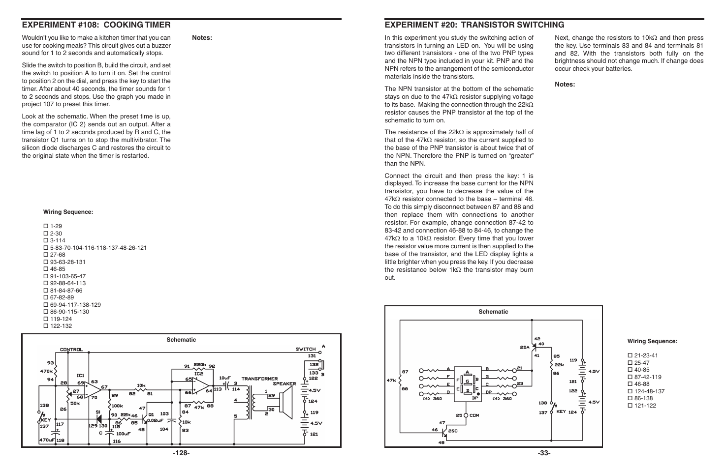Experiment #20: transistor switching, Experiment #108: cooking timer | Elenco 130-in-1 Electronics Playground User Manual | Page 33 / 160
