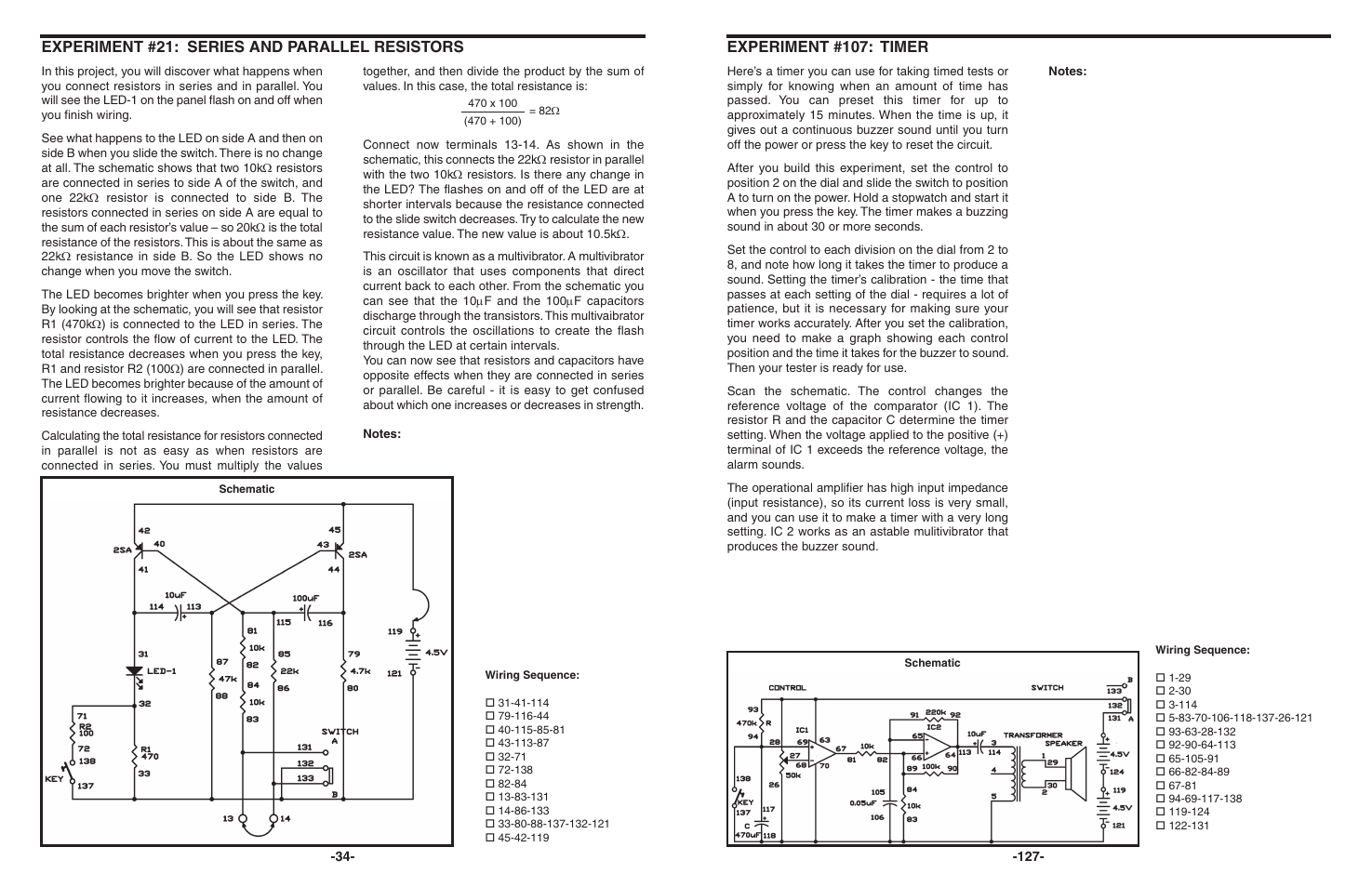 Experiment #21: series and parallel resistors, Experiment #107: timer | Elenco 130-in-1 Electronics Playground User Manual | Page 34 / 160