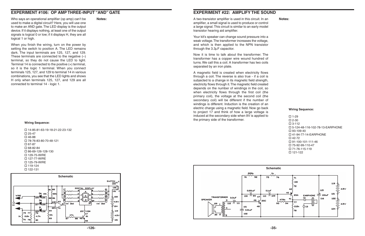 Experiment #22: amplify the sound, Experiment #106: op amp three-input “and” gate | Elenco 130-in-1 Electronics Playground User Manual | Page 35 / 160