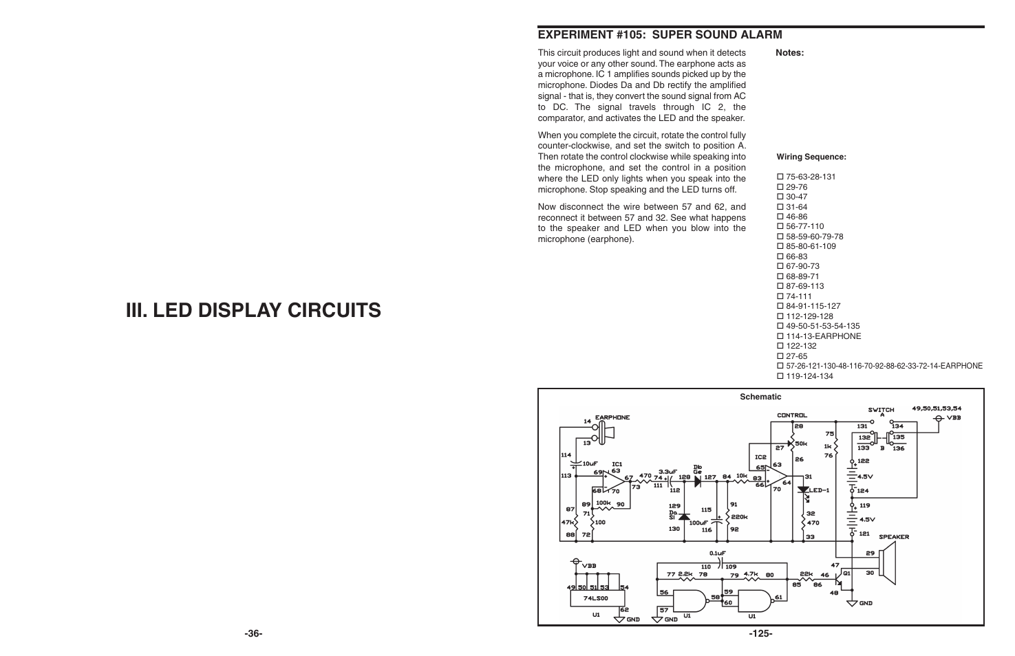 Iii. led display circuits, Experiment #105: super sound alarm | Elenco 130-in-1 Electronics Playground User Manual | Page 36 / 160
