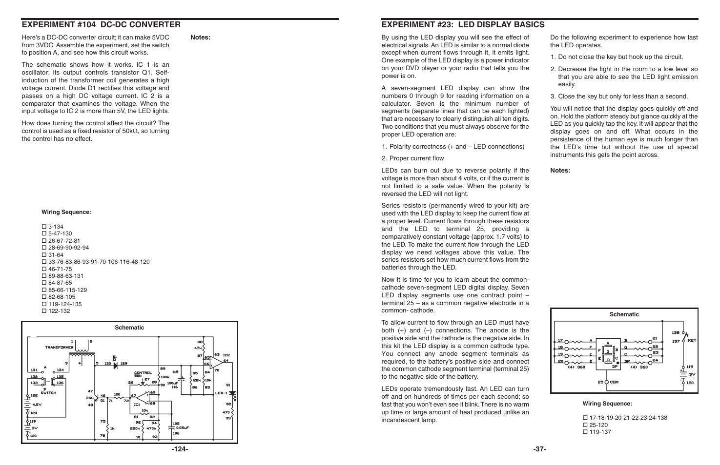 Experiment #23: led display basics, Experiment #104 dc-dc converter | Elenco 130-in-1 Electronics Playground User Manual | Page 37 / 160