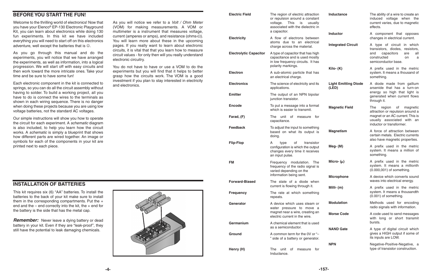 Before you start the fun, Installation of batteries, Remember | Elenco 130-in-1 Electronics Playground User Manual | Page 4 / 160