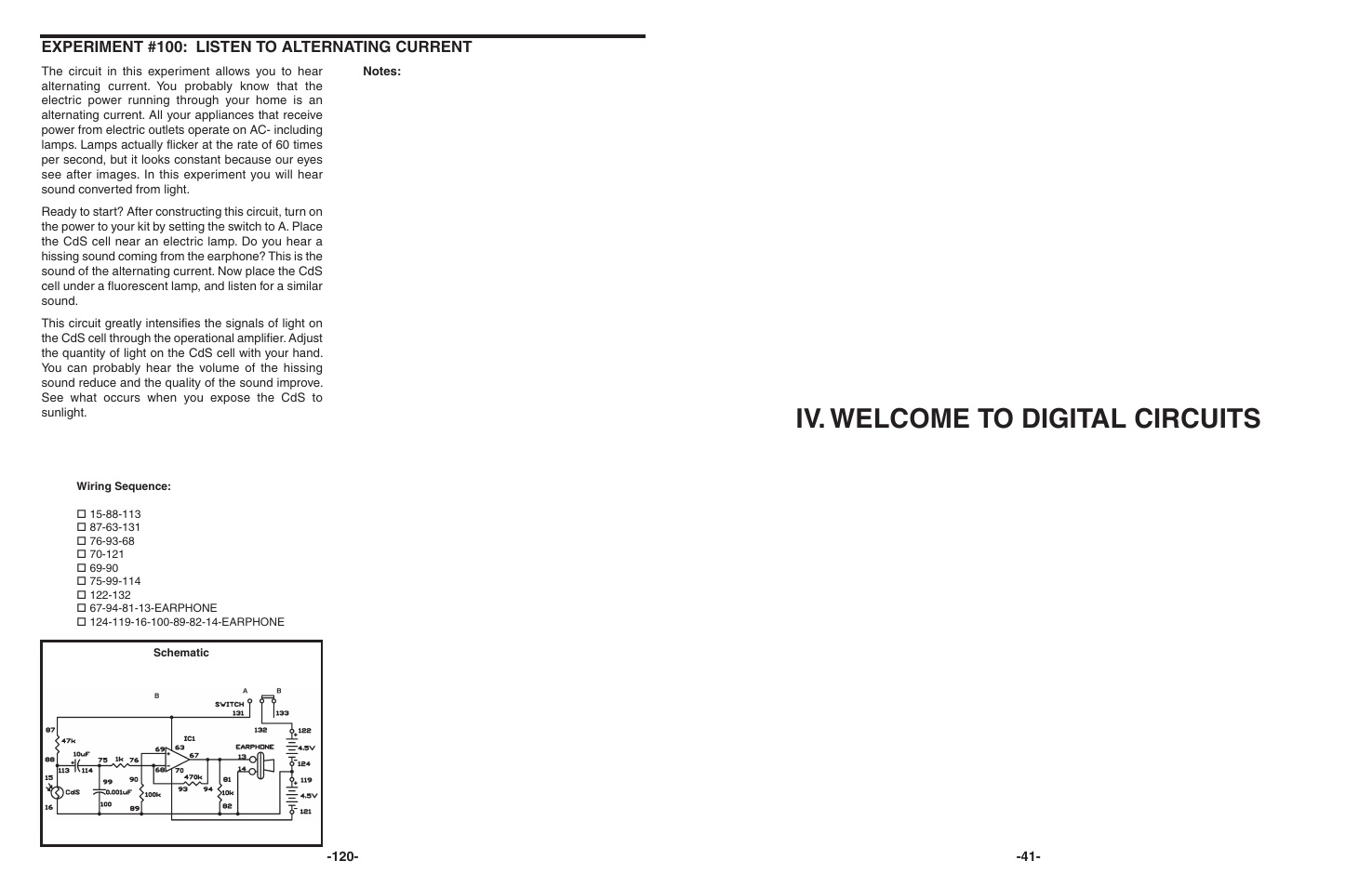 Iv. welcome to digital circuits, Experiment #100: listen to alternating current | Elenco 130-in-1 Electronics Playground User Manual | Page 41 / 160
