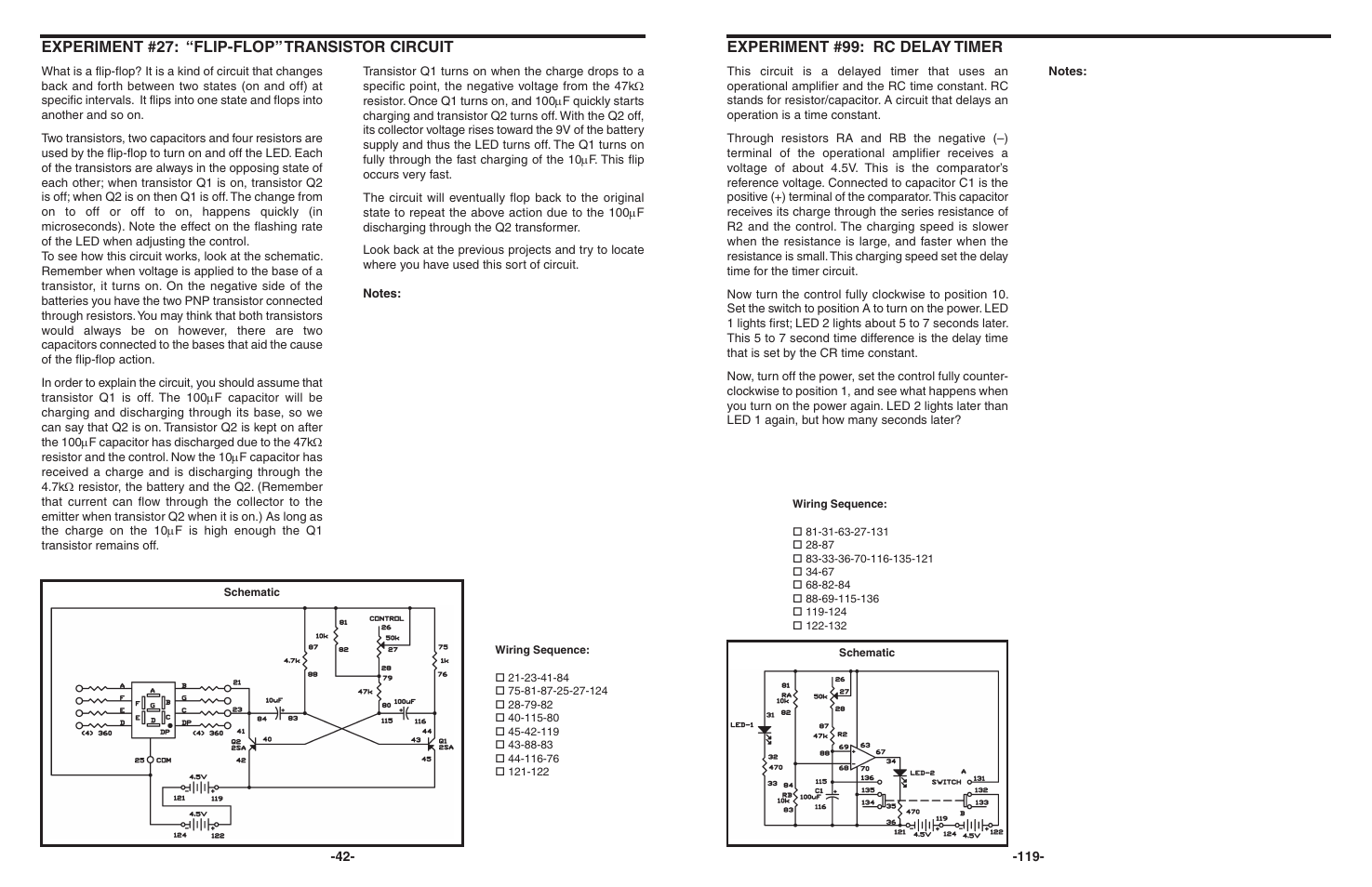 Experiment #27: “flip-flop” transistor circuit, Experiment #99: rc delay timer | Elenco 130-in-1 Electronics Playground User Manual | Page 42 / 160