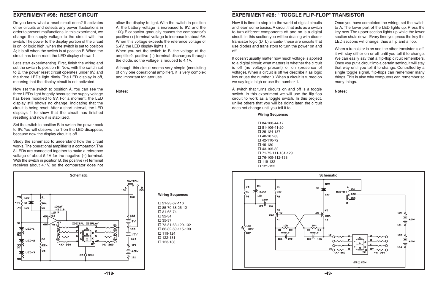 Experiment #28: “toggle flip-flop” transistor, Experiment #98: reset circuit | Elenco 130-in-1 Electronics Playground User Manual | Page 43 / 160