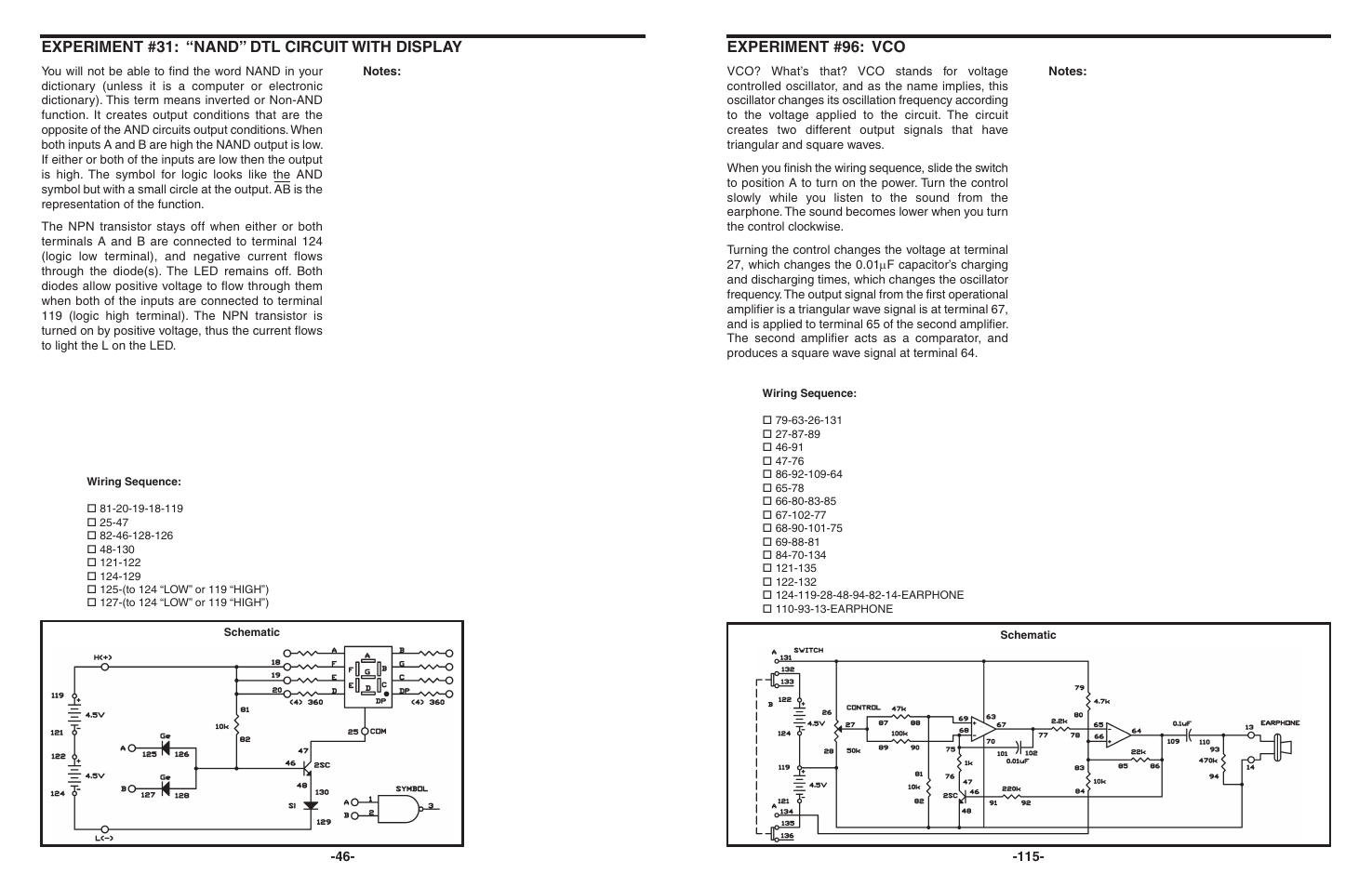 Experiment #31: “nand” dtl circuit with display, Experiment #96: vco | Elenco 130-in-1 Electronics Playground User Manual | Page 46 / 160