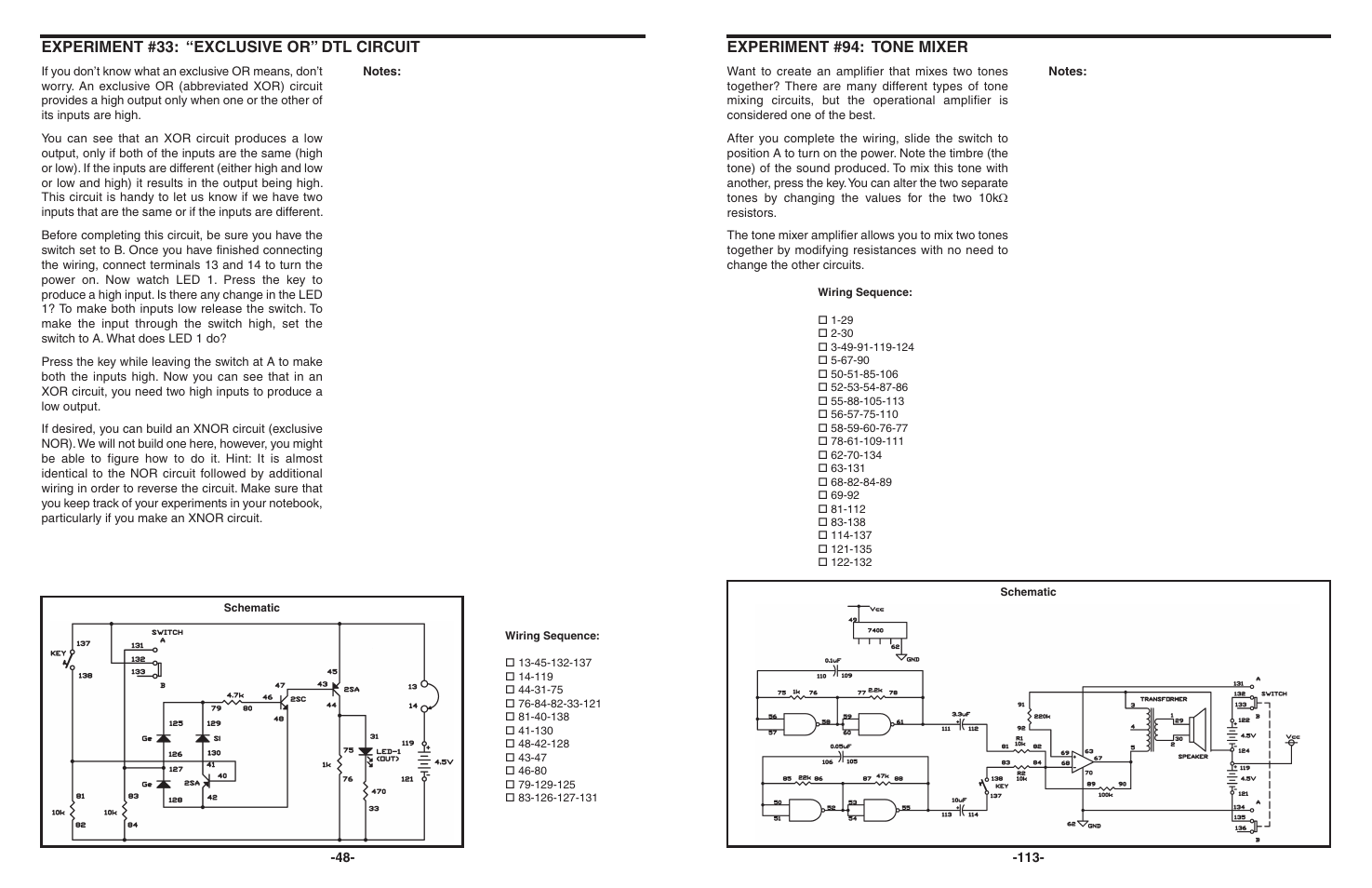 Experiment #33: “exclusive or” dtl circuit, Experiment #94: tone mixer | Elenco 130-in-1 Electronics Playground User Manual | Page 48 / 160
